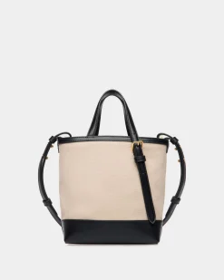 Summer Capsule Small Tote Bag In Natural And Navy Blue Canvas And Leather