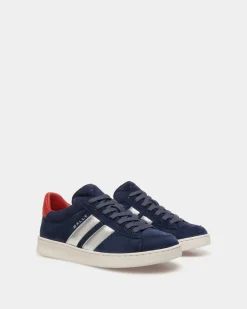 Tennis Sneaker In Navy Blue And Candy Red Suede Leather