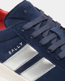 Tennis Sneaker In Navy Blue And Candy Red Suede Leather