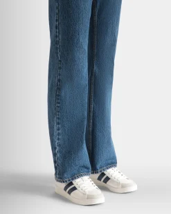 Tennis Sneaker in White and Navy Blue Leather