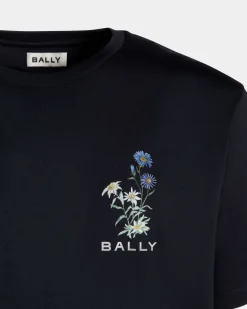 T-Shirt With Mountain Flower Print In Navy Blue Cotton