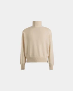 Turtleneck With Bally Crest Logo In Ivory Wool And Silk