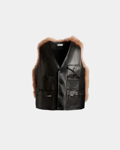 Vest With Shearling Insert In Black Leather