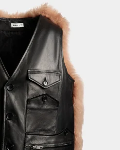 Vest With Shearling Insert In Black Leather